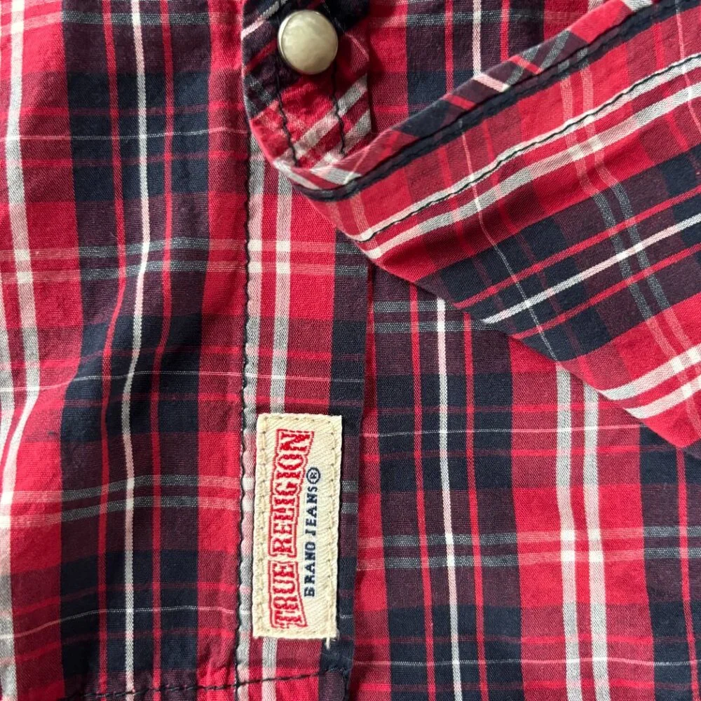 True Religion Men's Pearl Snap‎ Western Shirt Red Plaid Long Sleeve Button Up XL